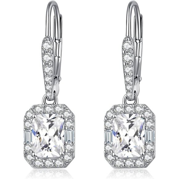 925 Sterling Silver Princess Cut Halo Drop Earrings with Square Birthstone for W